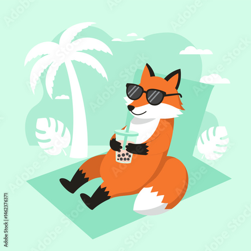 Cool Fox with Sunglasses Drinking Bubble Tea on Beach - Flat Design