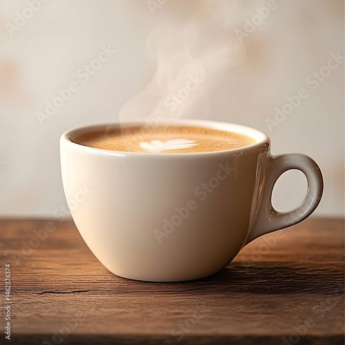 Hot latte in white cup on wooden table