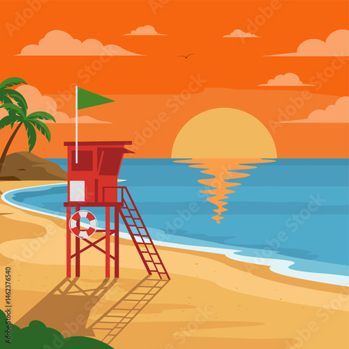 Lifeguard Tower on Beach at Sunset with Palm Trees Silhouette