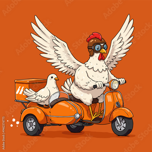 Chicken Aviator Delivering Package on Scooter with Dove