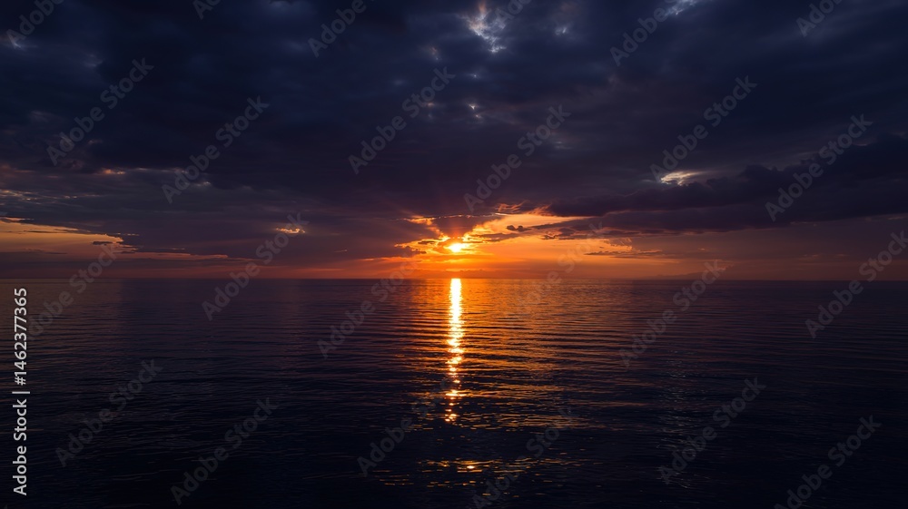 Obraz premium Dramatic sunset over calm ocean waters with sun rays piercing th