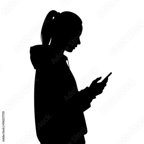 Silhouette of Teen Using Phone, Communication on White Background, Technology Concept