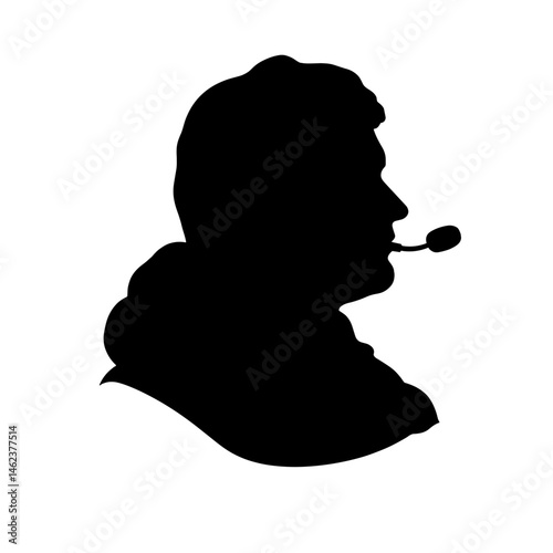 Silhouette of Person with Headset Microphone, Black and White Graphic for Communication Concept