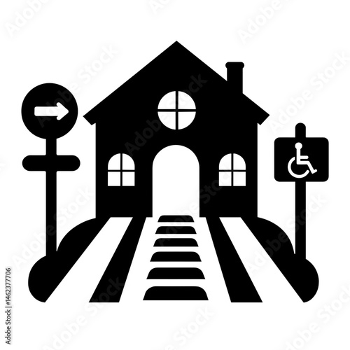 Inclusive School Icon with Accessibility Features, Black and White Silhouette, Education Concept