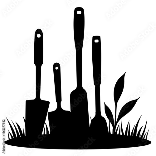 Silhouette of Gardening Tools on Grass, Black and White Design for Landscaping Concepts
