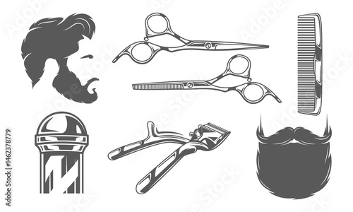 Barber shop icons including pole, scissors, beard, and retro hair elements for professional barbershop and salon design. Vector illustration