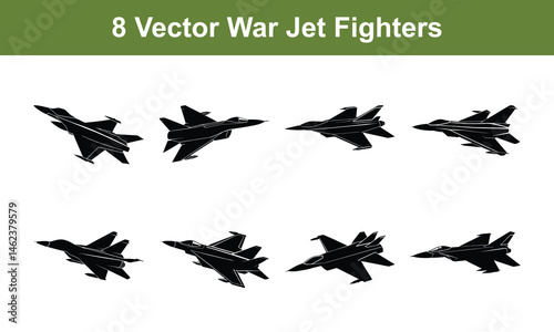 Collection of Eight Vector War Jet Fighter Silhouettes Military Aircraft Graphics