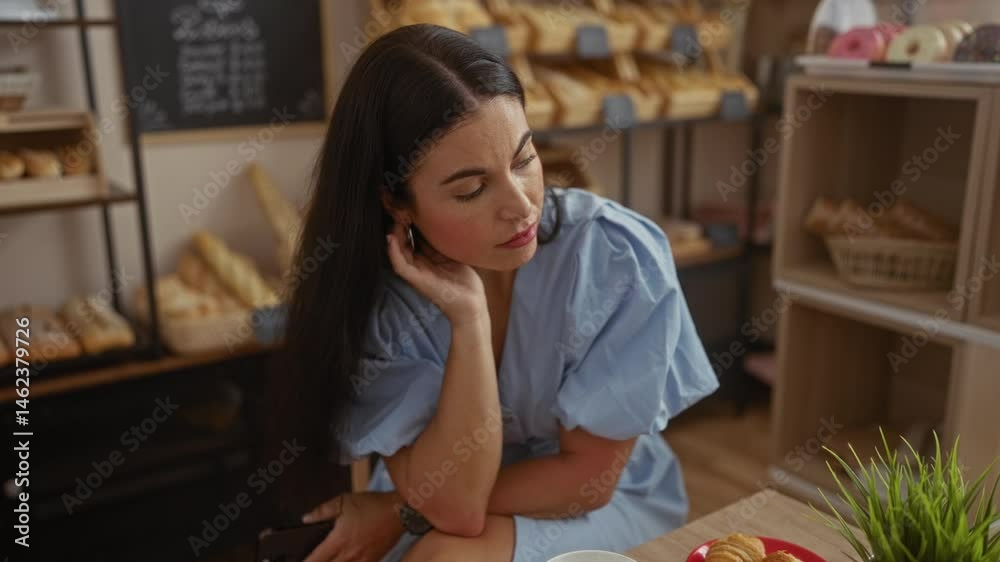 Woman in a bakery looking contemplative and tired with coffee cup on table, surrounded by bread display and pastries Woman in a bakery looking contemplative and tired with coffee cup on table, surrounded by bread display and pastries