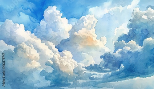 Watercolor Painting Of Cumulus Clouds In Sky