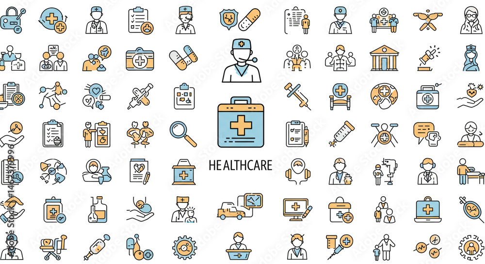 Fototapeta premium Healthcare Icons Set Representing Medical Professionals, Equipment, and Services