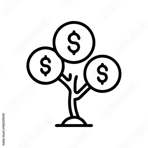 Money Tree Icon – Financial Growth, Investment, and Wealth Symbol: Outline icon of a money tree with dollar coins, symbolizing financial growth, investment, and wealth creation for business or finance