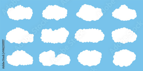 Cloud set in flat style. Simple cloud shapes. Collection of white clouds. Fluffy white clouds, fluffy and cartoon cumulus clouds on blue sky. Sky objects clouds for the game. Vector illustration.