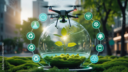Futuristic Drone Delivering Sustainability Message Over Green Cityscape