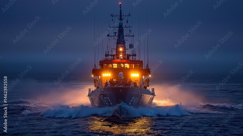 Fototapeta premium Naval vessel cutting through the twilight waves