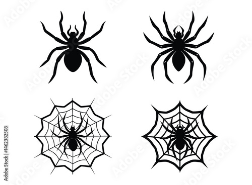  Silhouette of a spider crawling on a web vector, The spider is making its own web....