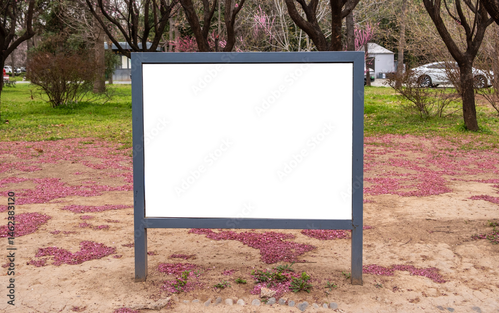 Signboard white blank in a park, empty sign board template for information and advertise
