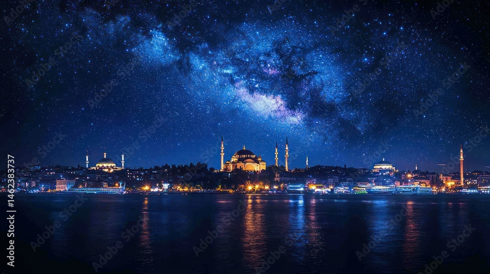Obraz premium Majestic Istanbul skyline at night, under a spectacular Milky Way