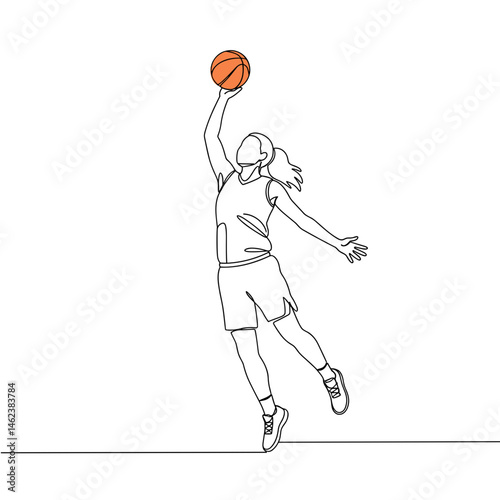 Woman jumping with basketball in dynamic pose on a minimalist background  