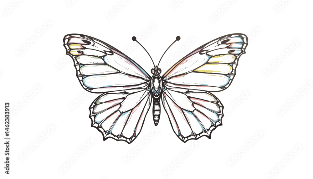 Obraz premium Rainbow-Patterned Butterfly Drawing on White Background 