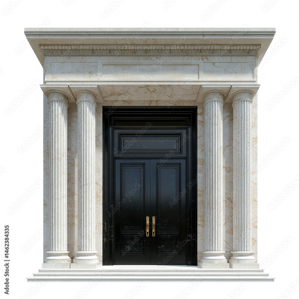 Fototapeta premium Elegant Classic Entrance with Columned Details and Dark Double Doors Surrounded by Marbled Stone Finish on transparent background