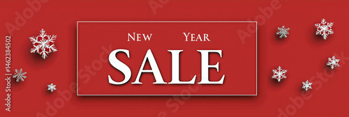New Year sale banner with white snowflakes on red background, concept of holiday discounts, shopping and winter promotion