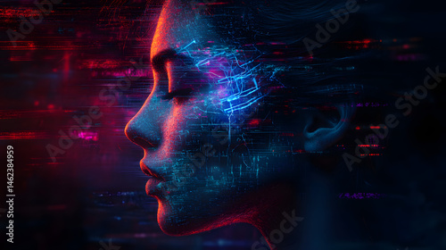 A mesmerizing digital composition using fragmented textures and neon accents, representing the fracturing of identity in the digital age.