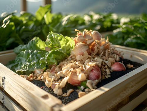 Freshly harvested Swiss chard and garlic in a wooden planter. Suggest using this image for gardening educational content or illustrating healthy eating topics.