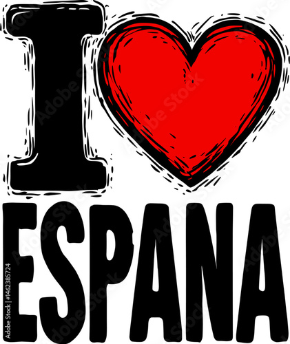 Vector illustration of “I love España” with red heart and bold black letters in hand-drawn expressive style