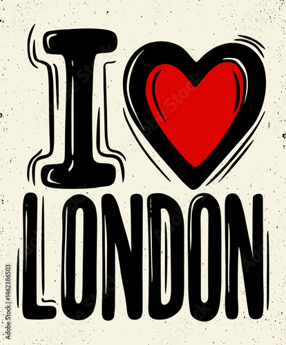 Vector illustration of “I love London” with bold red heart, uppercase letters, and underline in textured style