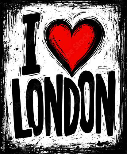 Vector illustration of “I love London” with bold red heart, uppercase letters, and underline in textured style