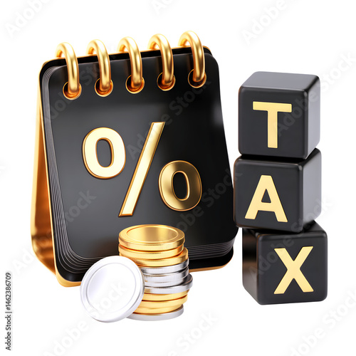 3D calendar Tax icon, Coin Stacks, Percent Symbol & Word Cubes for Financial Graphics isolated on transparent background. PNG file, cut out