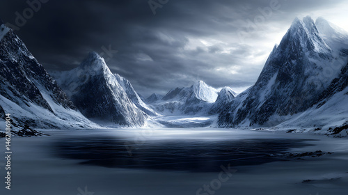 A mesmerizing winter scene with towering snow-covered mountains and a frozen lake below, the crisp winter air adding to the serenity of the landscape.