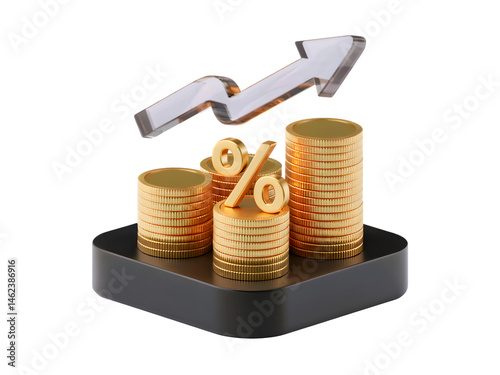 3d Financial growth money coins icon increasing percentage wealth business success isolated on transparent background. PNG file, cut out