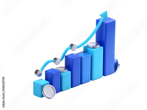 3d stock market chart diagram analysis icon isolated on transparent background. PNG file, cut out
