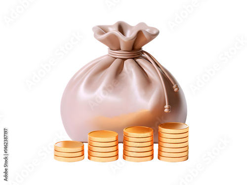 3d money bag gold coin icon isolated on transparent background. PNG file, cut out