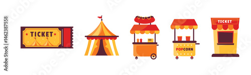Colorful Carnival or Circus Elements Featuring Ticket, Tent, and Food Stalls