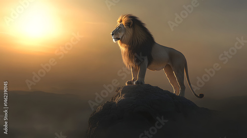 A mighty lion standing atop a rock, surveying the savanna.