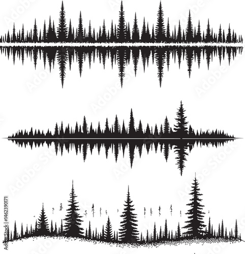 Set of Abstract Soundwave Forest Silhouette Graphics.