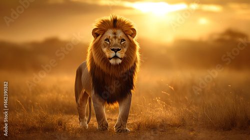 A mighty lion standing proudly on a golden savanna.