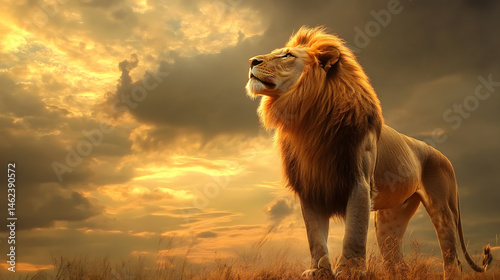 A mighty lion standing proudly on a golden savanna.