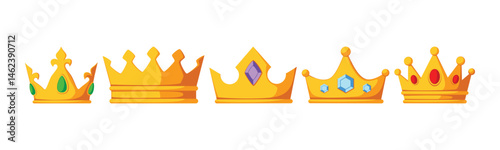 Collection of golden crowns with gemstones, symbolizing royalty and power