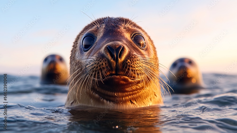 Adorable seal peers out of the ocean water with two other seals visible in the background near the horizon.