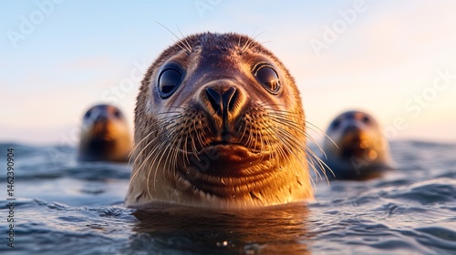 Obraz na płótnie Adorable seal peers out of the ocean water with two other seals visible in the background near the horizon. w salonie