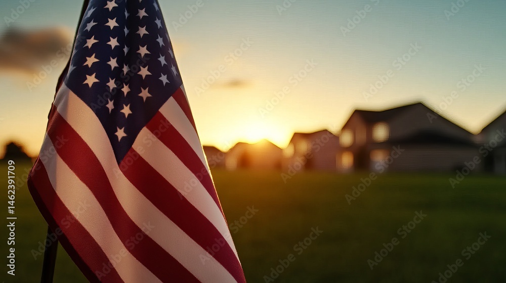 American Flag waves proudly in a suburban neighborhood during a vibrant golden sunset illuminating the horizon.