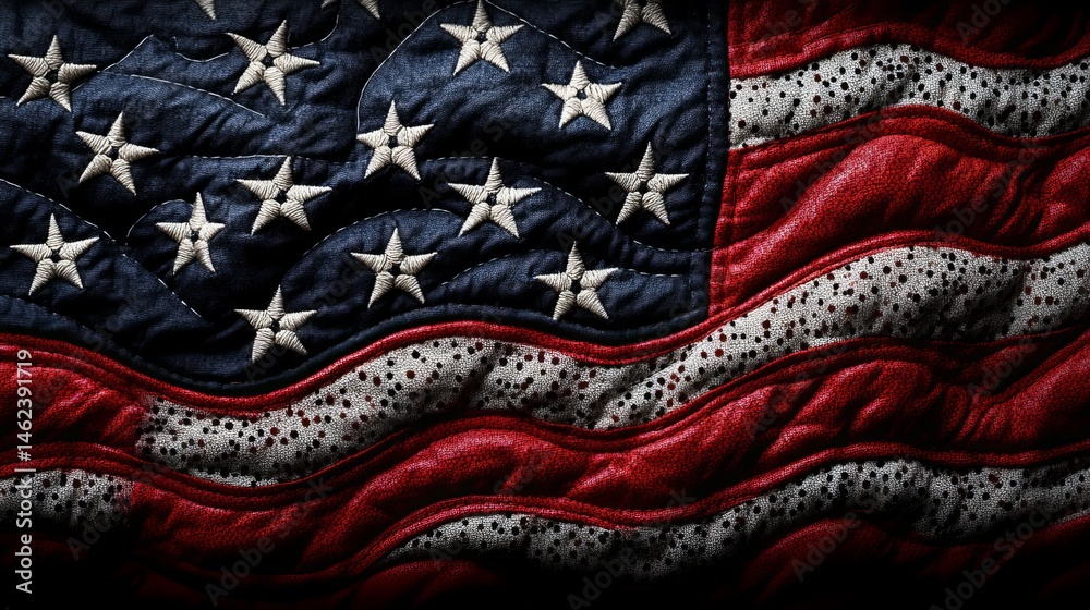 American flag is artistically represented with stitched fabric creating a textured, wavy effect, featuring white stars and red stripes.