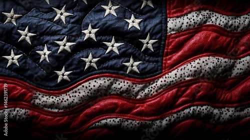 Obraz na płótnie American flag is artistically represented with stitched fabric creating a textured, wavy effect, featuring white stars and red stripes. w salonie