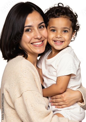 Woman holding joyful child, both smiling, warm embrace, clean background.