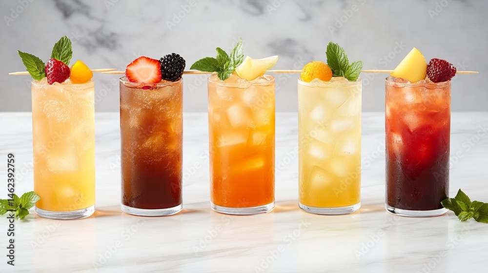 Assorted colorful cocktails stand together on a marble surface, garnished with fresh fruit and mint sprigs.