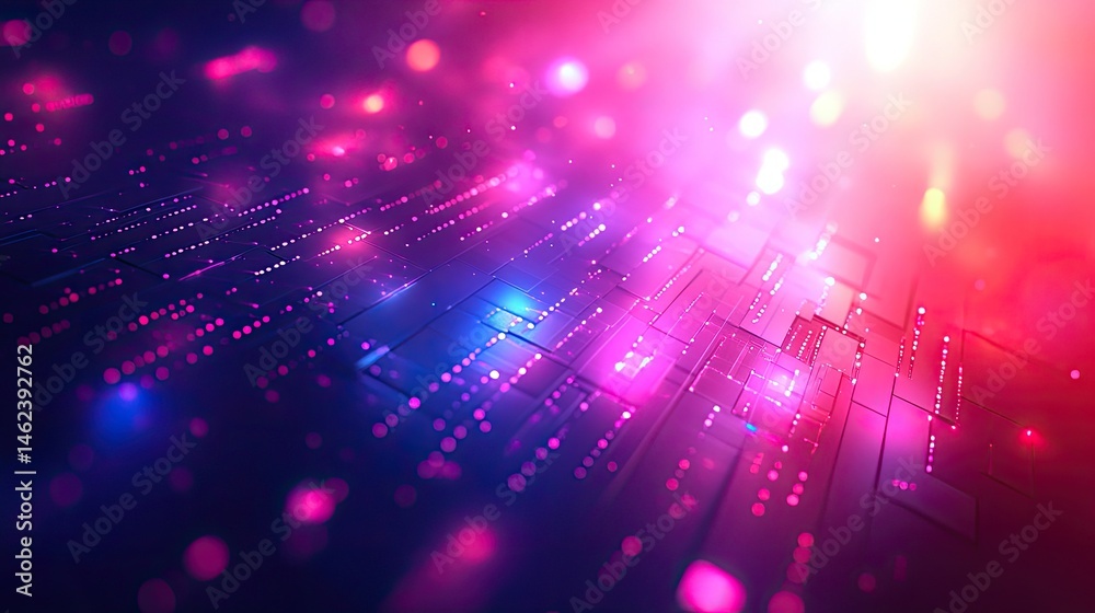 Obraz premium Geometric tech pattern, with pink, violet, and blue lights, bokeh effect. Perfect for illustrating concepts of modern tech, AI, or future technology.