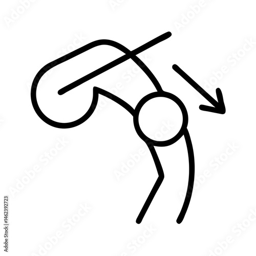 black outline icon of bent leg with knee joint and motion arrow, minimal vector design, body mechanics symbol for golf swing technique